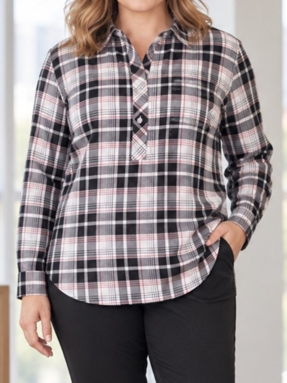 NWOT Talbots Wrinkle Resistant Partial Button-Down Plaid Blouse Top, Women's 20W